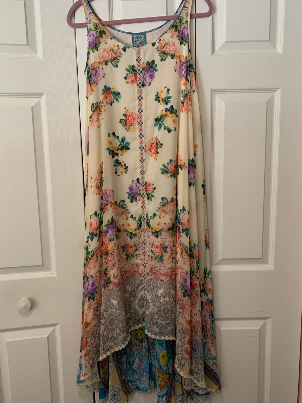 Johnny Was Cream High-Low Floral Dress with Purple, Peach and yellow Blooms